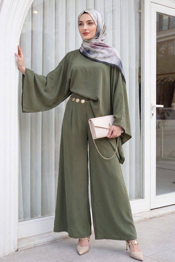Asymmetrical Cut Wide Sleeve Wide Leg Trousers with Belt Modal Suit -Khaki