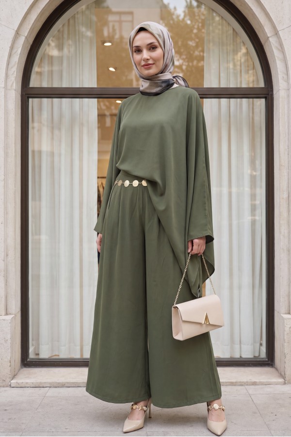 Asymmetrical Cut Wide Sleeve Wide Leg Trousers with Belt Modal Suit -Khaki