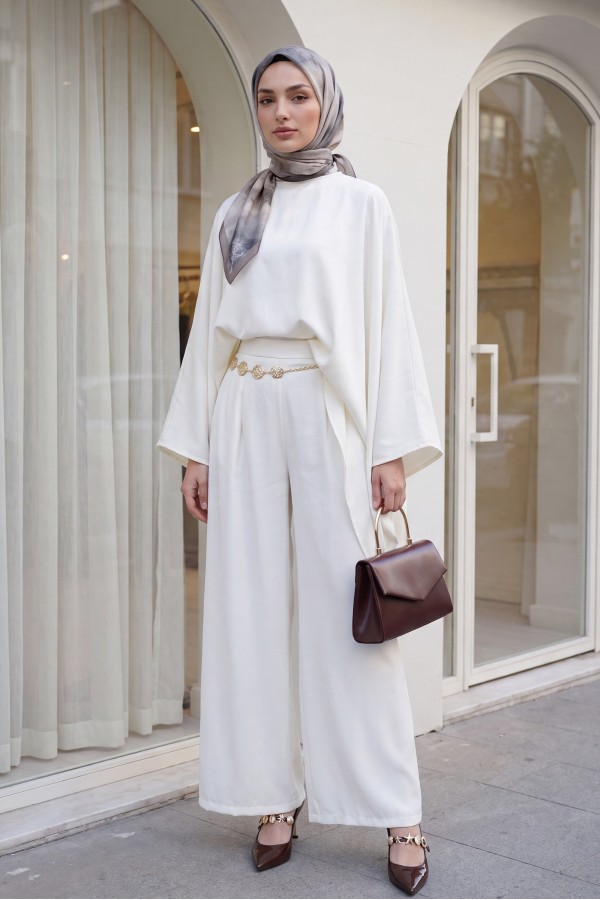 Asymmetrical Cut Wide Sleeve Wide Leg Trousers with Belt Modal Suit -Cream color