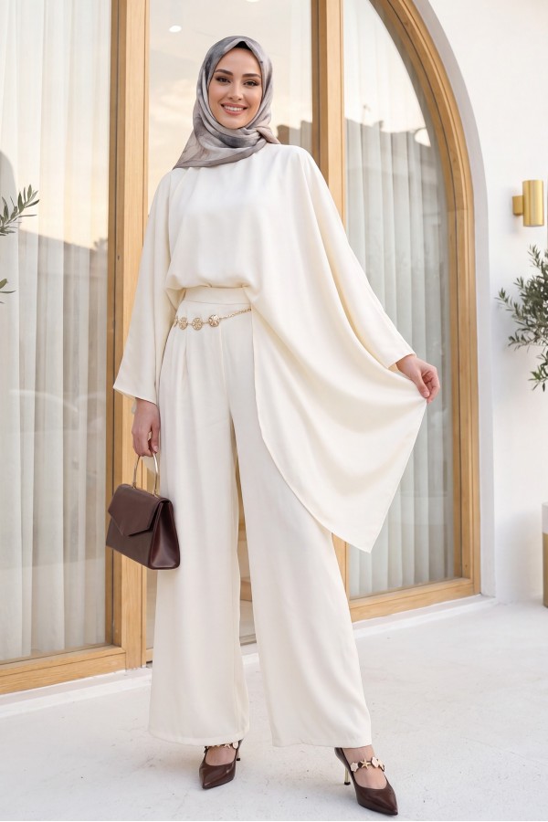 Asymmetrical Cut Wide Sleeve Wide Leg Trousers with Belt Modal Suit -Cream color