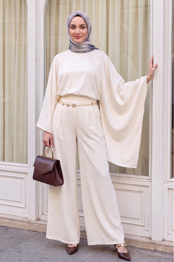 Asymmetrical Cut Wide Sleeve Wide Leg Trousers with Belt Modal Suit -Cream color