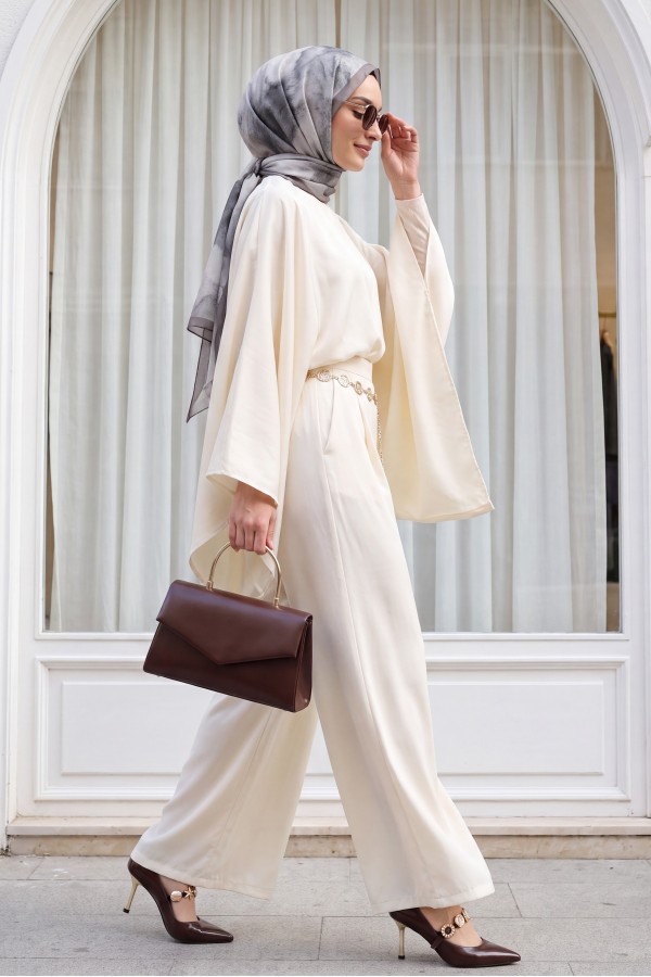 Asymmetrical Cut Wide Sleeve Wide Leg Trousers with Belt Modal Suit -Cream color