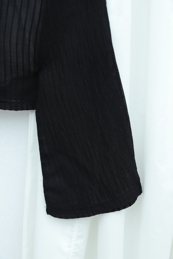Front Lace-Up Semi-Transparent Ruffled Sleeve Blouse -Black