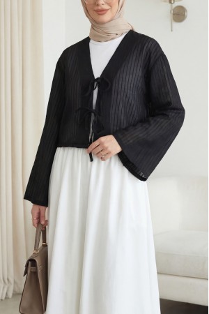 بلوزة بأكمام مكشكشة شبه شفافة برباط أمامي -أسود