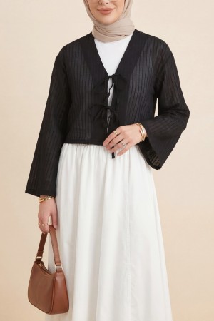 بلوزة بأكمام مكشكشة شبه شفافة برباط أمامي -أسود