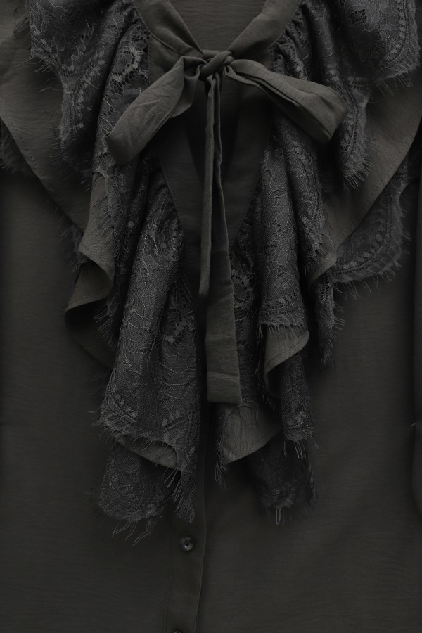 Cupra Ayrobin Shirt with Tie-Collar Guipure Lace and Ruffled Sleeves -Dark Coffee
