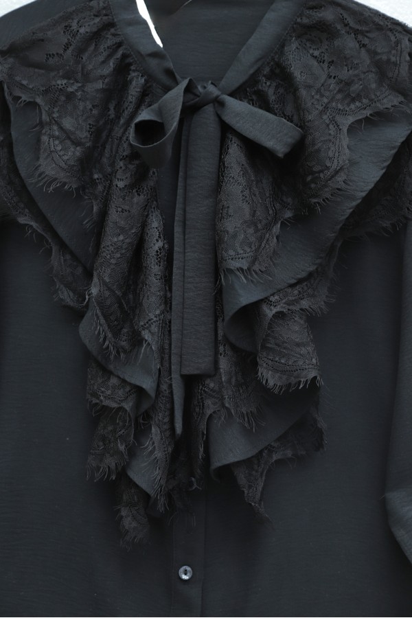 Cupra Ayrobin Shirt with Tie-Collar Guipure Lace and Ruffled Sleeves -Black