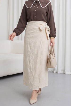 Lined, double-layered front, waist tie detail, patterned linen skirt. -Stone