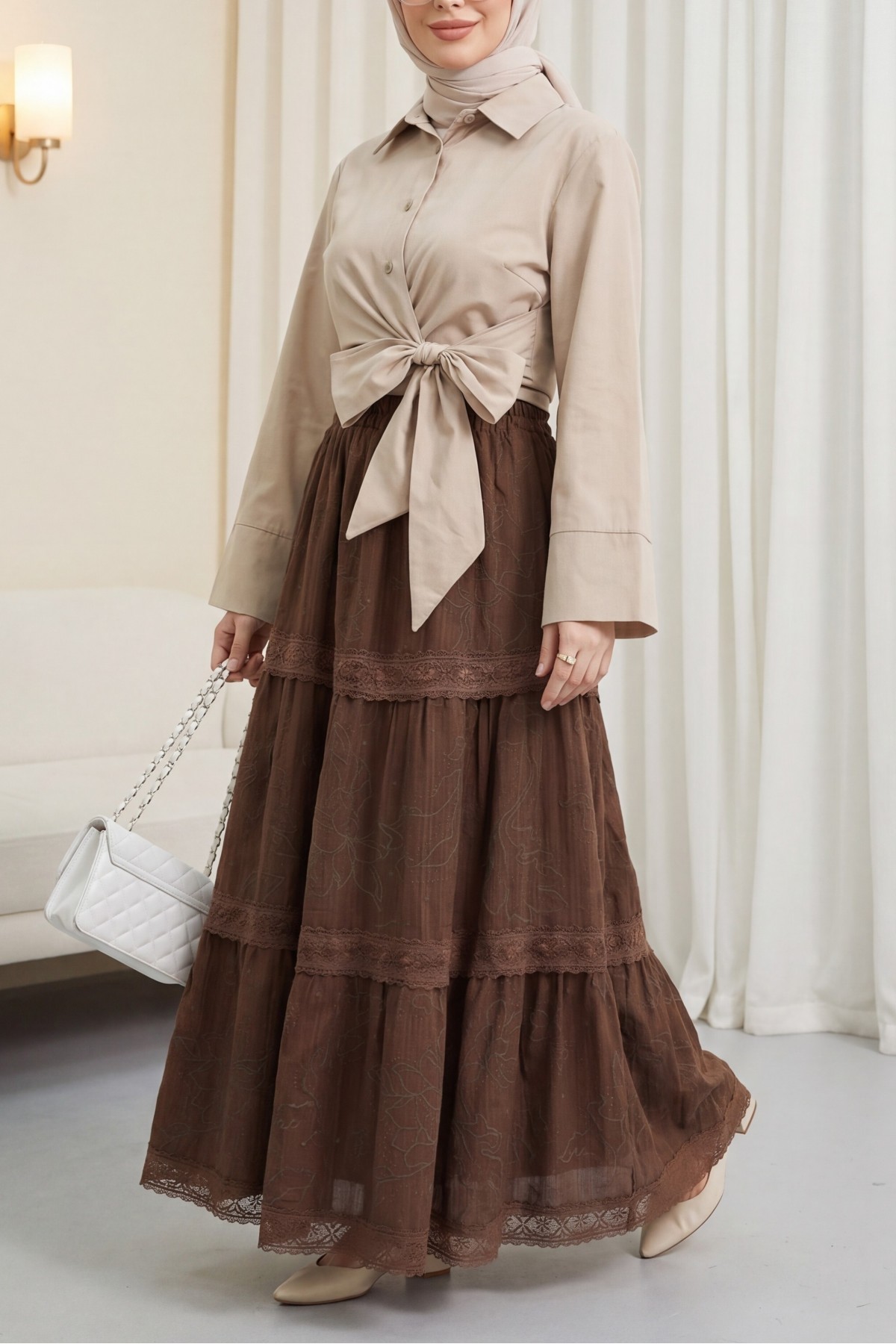 Elasticated Waist, Lace Detail, Embossed, Lined Voile Skirt -Brown
