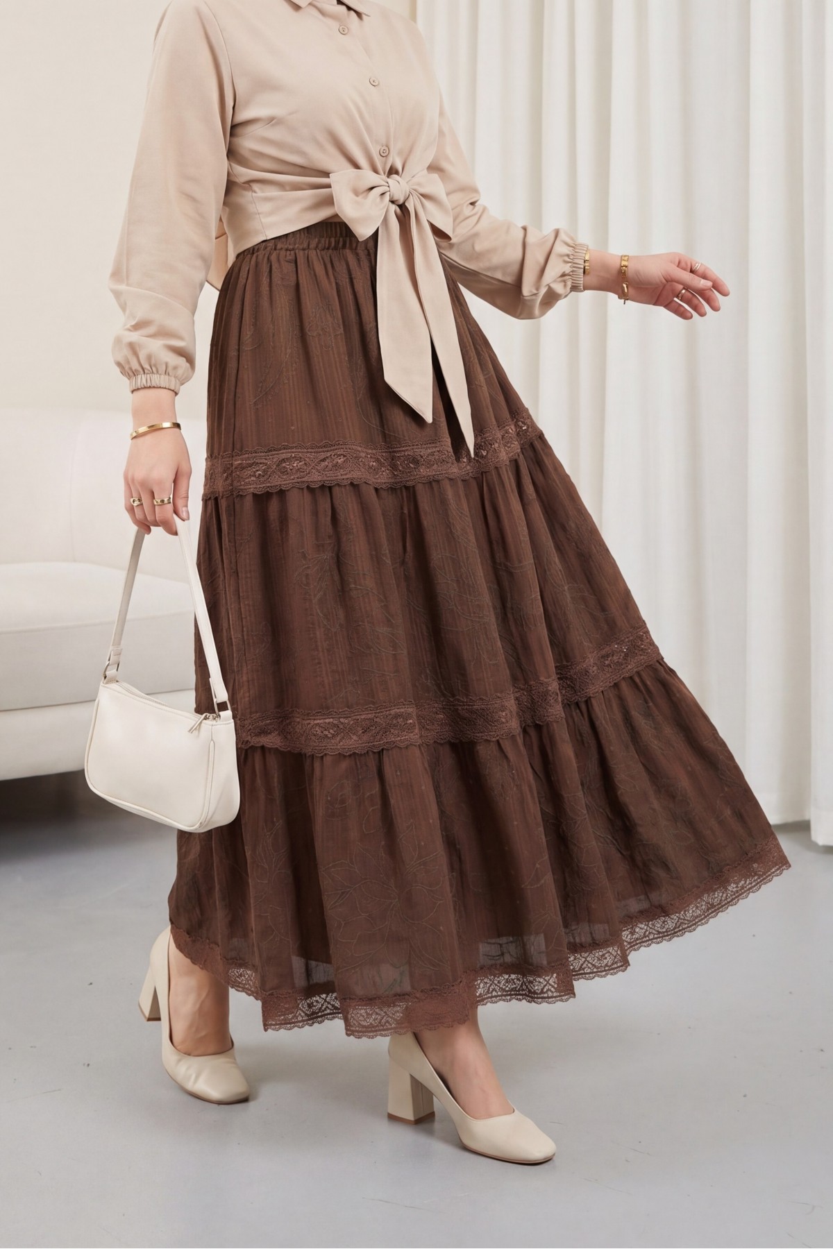 Elasticated Waist, Lace Detail, Embossed, Lined Voile Skirt -Brown