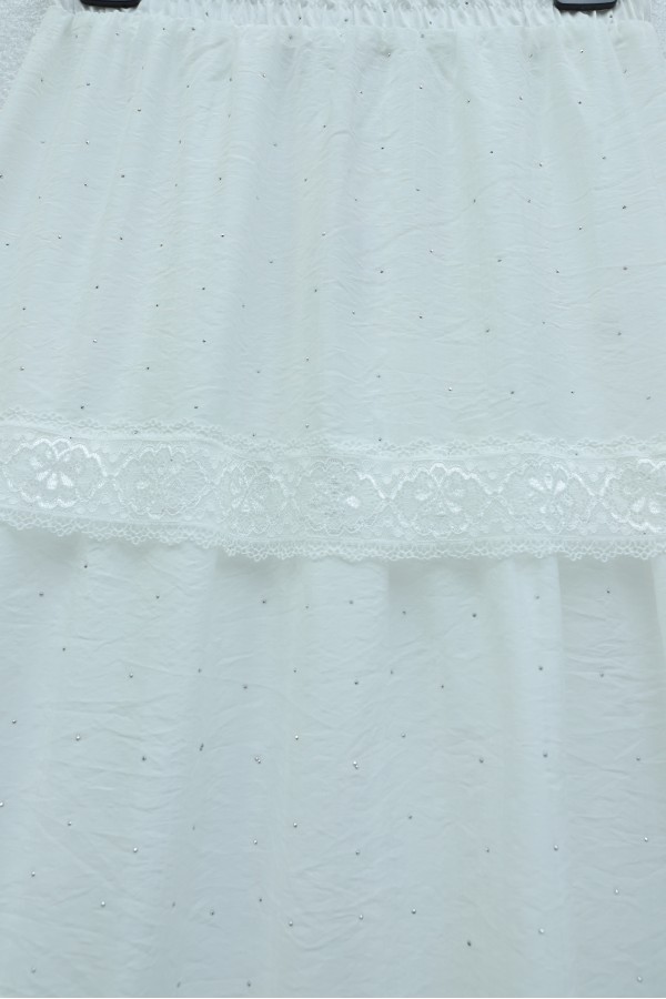 Elasticated Waist, Lined Voile Skirt with Stone and Lace Details -White