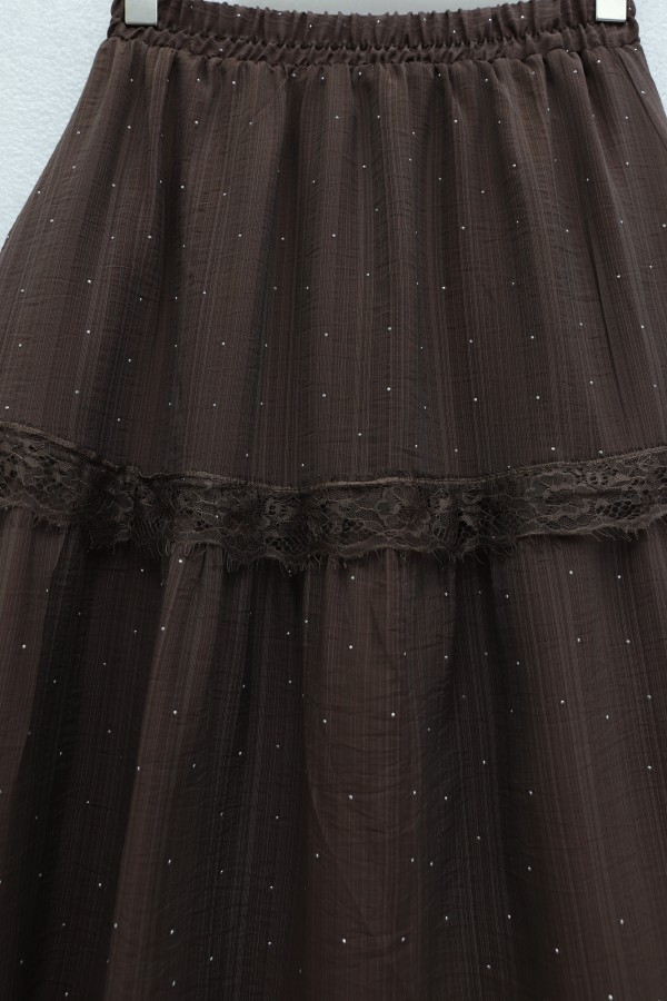 Elasticated Waist, Lined Voile Skirt with Stone and Lace Details -Brown