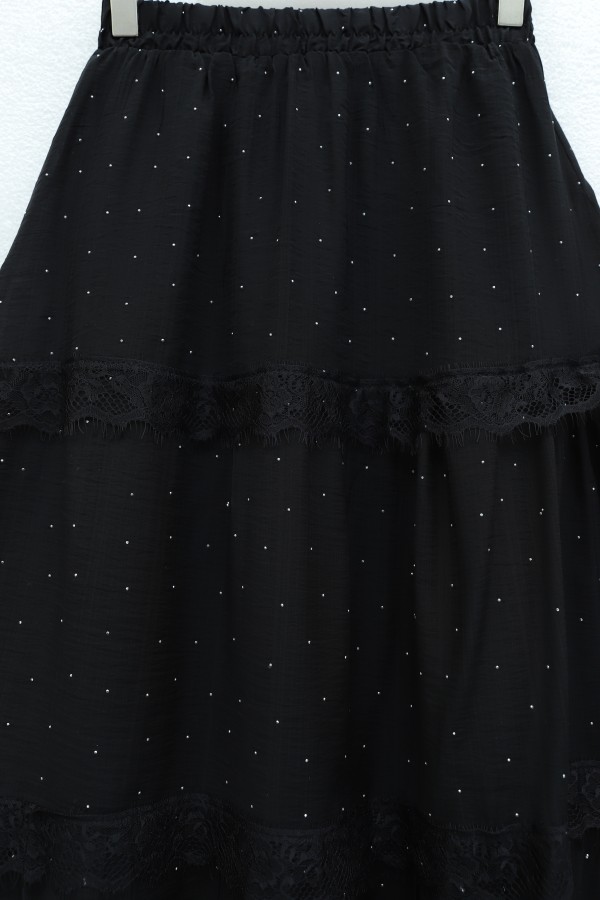 Elasticated Waist, Lined Voile Skirt with Stone and Lace Details -Black