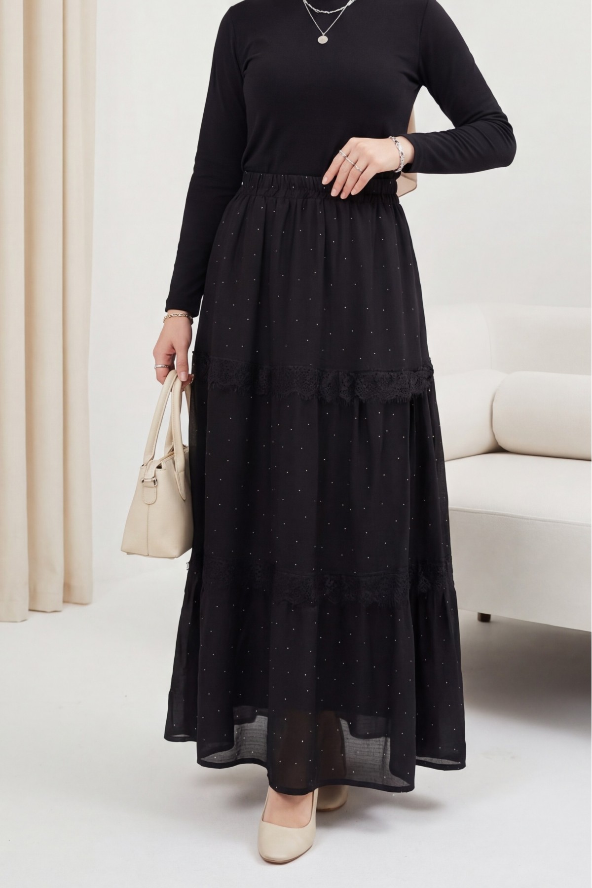 Elasticated Waist, Lined Voile Skirt with Stone and Lace Details -Black