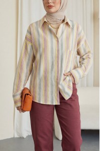 Kabartma Çizgili Tek Cepli Oversize Gömlek -Fosfor Y.