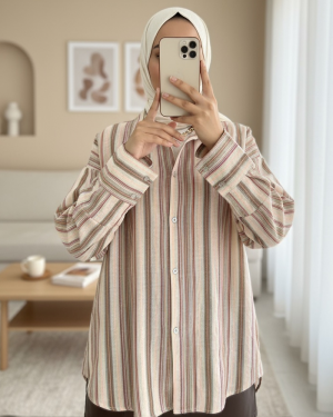 Embossed Striped Single Pocket Oversize Shirt -Brown