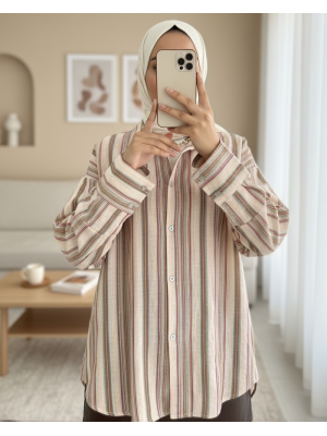 Kabartma Çizgili Tek Cepli Oversize Gömlek -Kahve