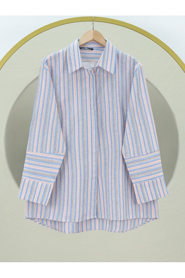 Oversize Shirt with Long Embossed Stripes on the Back -Blue