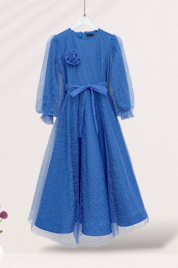 Glittery Fluffy Tulle Evening Dress with Elasticated Sleeves and Belt -Blue