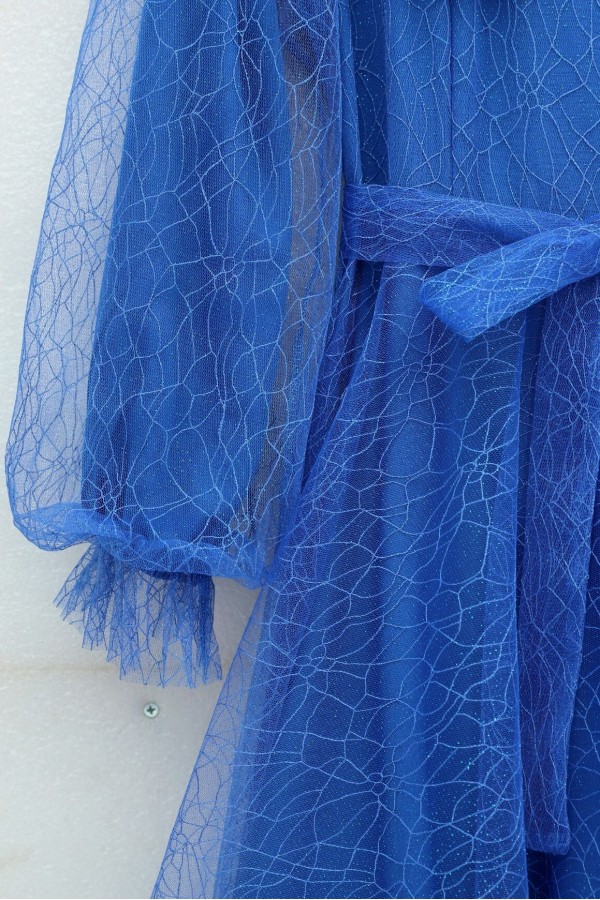 Glittery Fluffy Tulle Evening Dress with Elasticated Sleeves and Belt -Blue