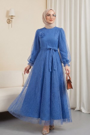 Kolu Lastikli Kuşaklı Simli Kabarık Tül  Abiye -Mavi