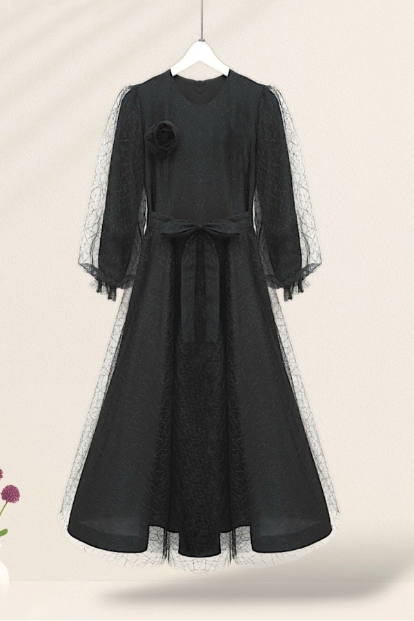 Glittery Fluffy Tulle Evening Dress with Elasticated Sleeves and Belt -Black