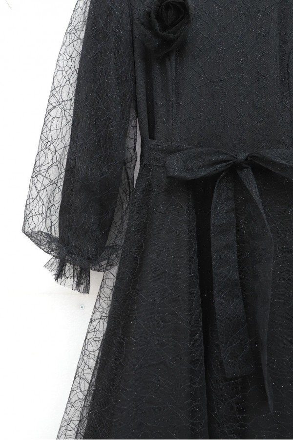 Glittery Fluffy Tulle Evening Dress with Elasticated Sleeves and Belt -Black