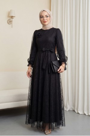 Kolu Lastikli Kuşaklı Simli Kabarık Tül  Abiye -Siyah