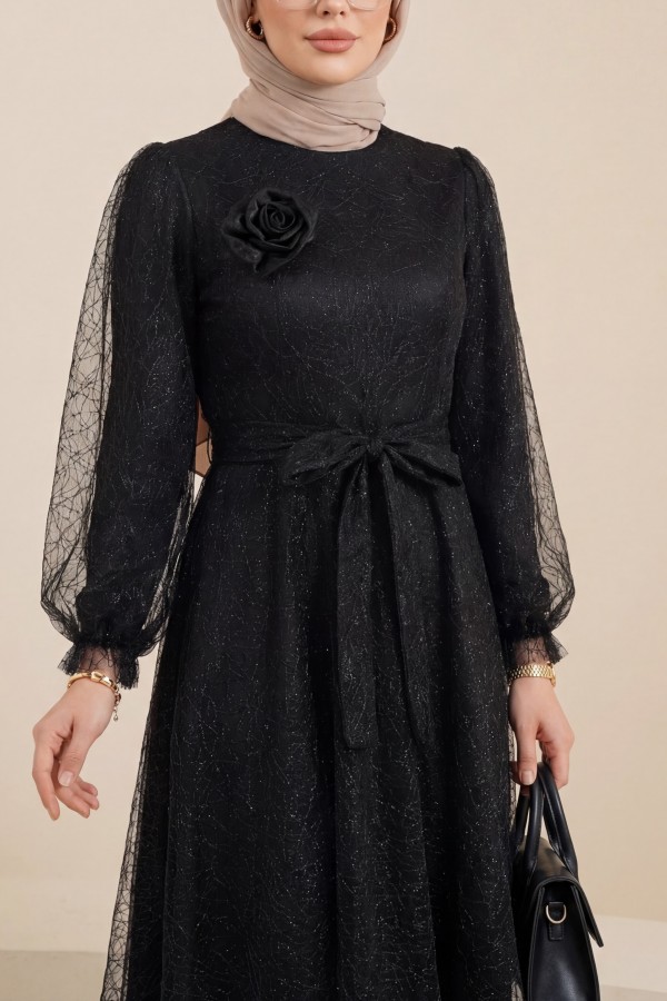 Glittery Fluffy Tulle Evening Dress with Elasticated Sleeves and Belt -Black
