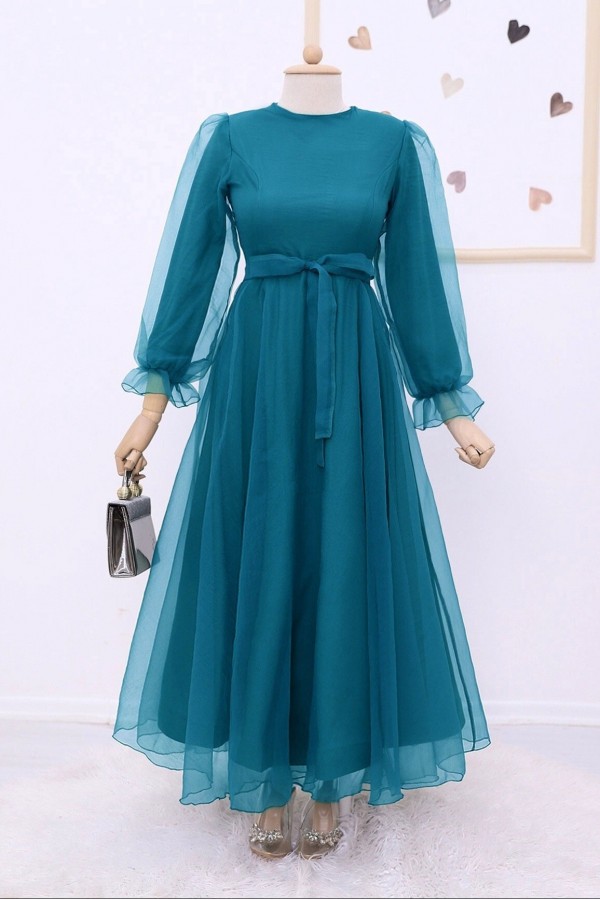 Belted Tulle Evening Dress with Fluffy Sleeves and Skirt    -Oil color