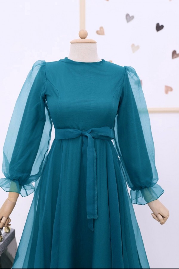 Belted Tulle Evening Dress with Fluffy Sleeves and Skirt    -Oil color