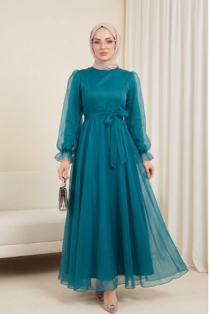 Kabarık Kol ve Etekli Kuşaklı Tül Abiye    -Petrol