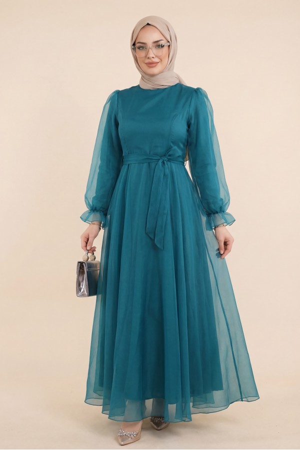 Belted Tulle Evening Dress with Fluffy Sleeves and Skirt    -Oil color