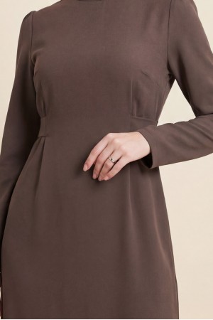 Hakim Yaka Belden Bağlamalı Elbise          -K. Kahve
