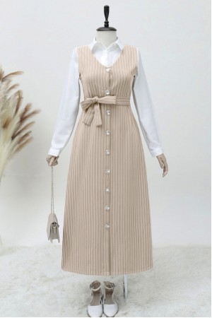 Boydan Düğmeli Kuşaklı Çizgili Jile   -Bej