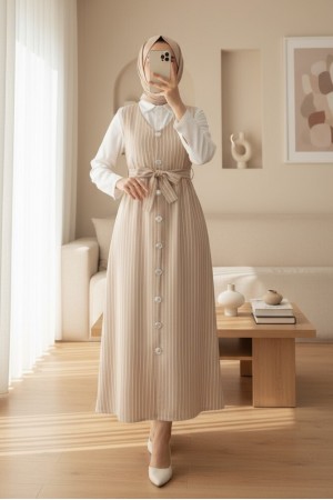 Boydan Düğmeli Kuşaklı Çizgili Jile   -Bej