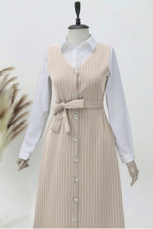 Boydan Düğmeli Kuşaklı Çizgili Jile   -Bej