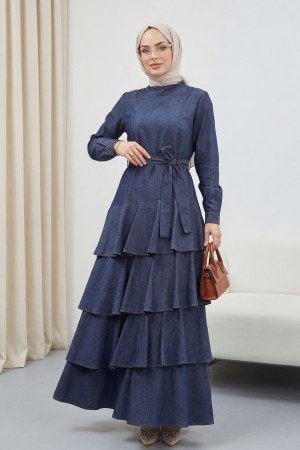 Eteği Katlı Tensel Kot Kemerli Elbise -Füme