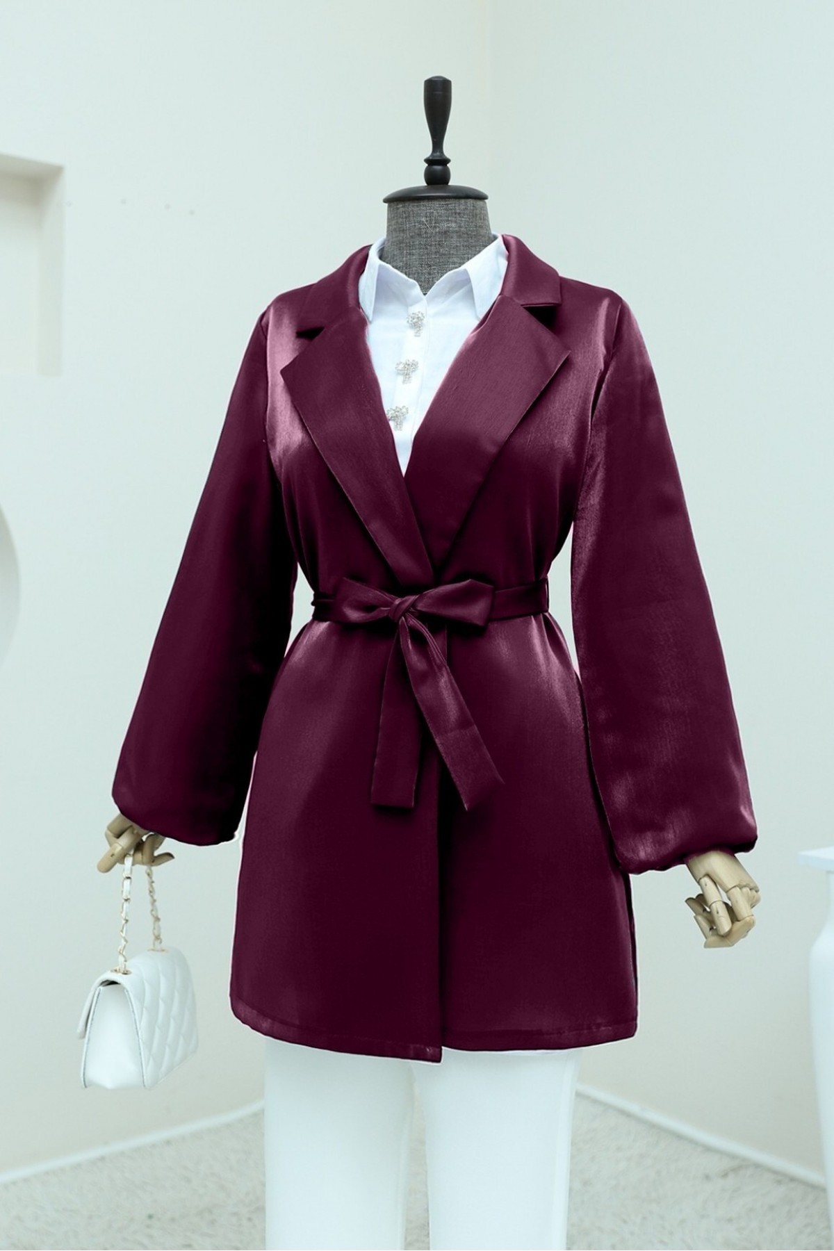 Kolları Volanlı Bağcıklı Saten Ceket  -Bordo