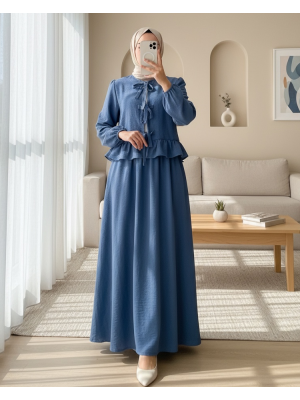 Önü Bağcıklı Kolu Lastikli Etekli Takım -İndigo