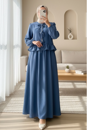 Önü Bağcıklı Kolu Lastikli Etekli Takım -İndigo