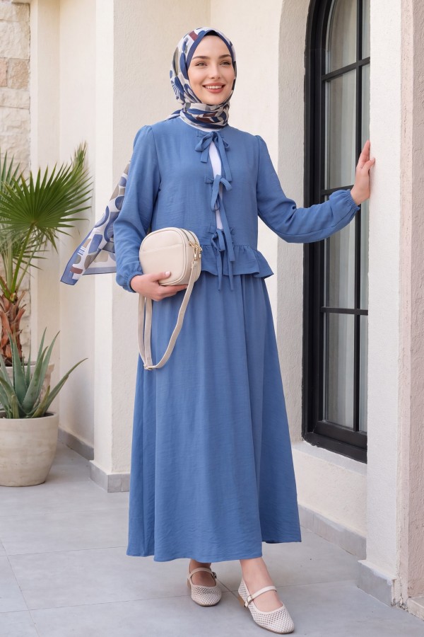 Lace-up Front Elastic Sleeve Skirt Set -İndigo