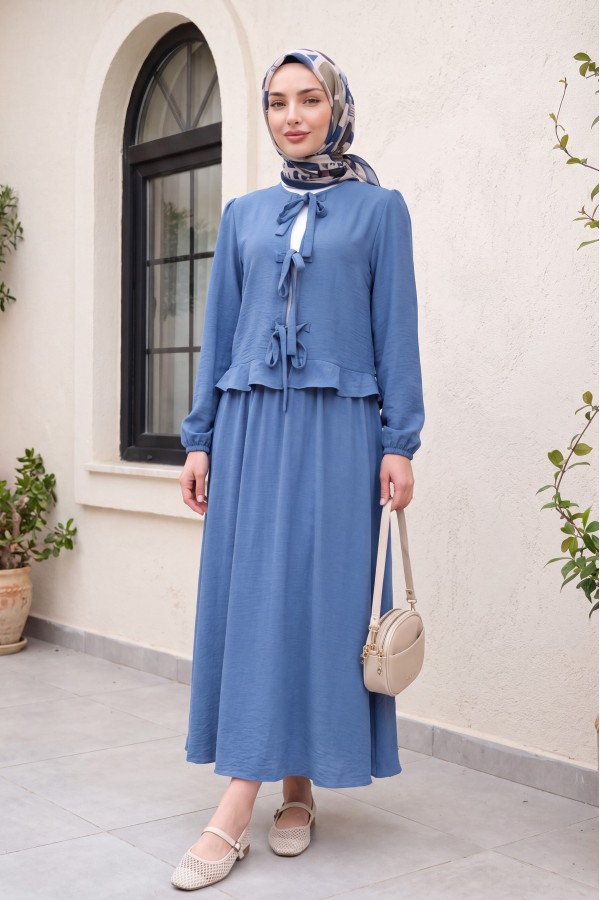 Lace-up Front Elastic Sleeve Skirt Set -İndigo