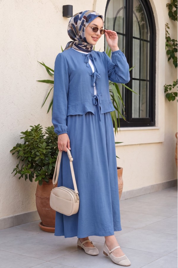 Lace-up Front Elastic Sleeve Skirt Set -İndigo