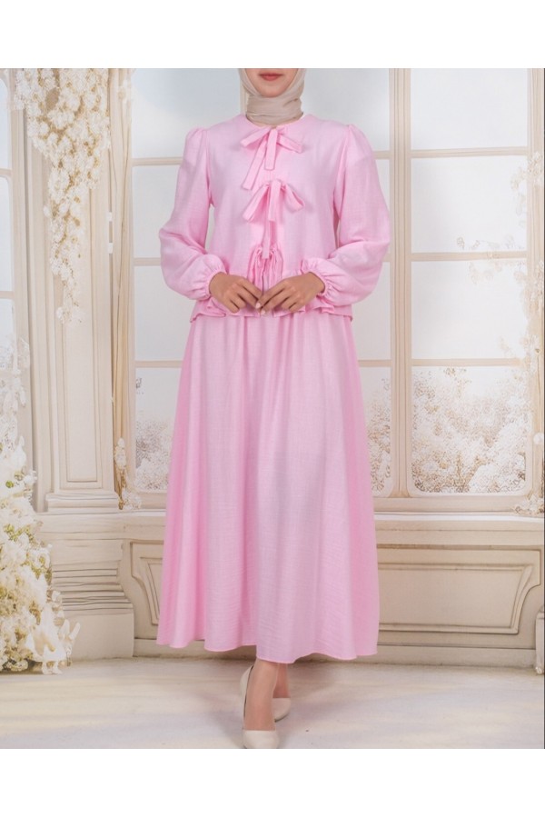 Önü Bağcıklı Kolu Lastikli Etekli Takım  -Pembe
