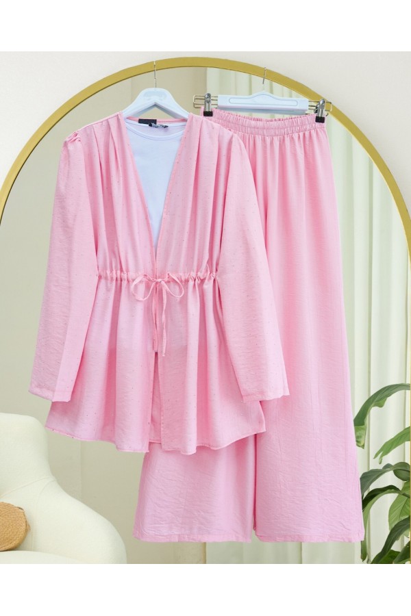 Taşlı Bol Paça Pantolonlu Tünel Bağcıklı Kimono Takım -Pembe