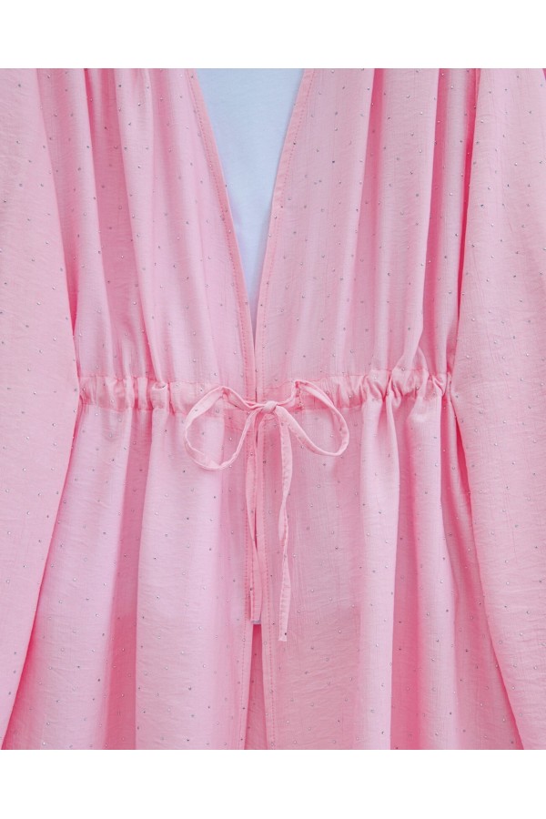 Taşlı Bol Paça Pantolonlu Tünel Bağcıklı Kimono Takım -Pembe