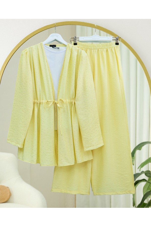 Taşlı Bol Paça Pantolonlu Tünel Bağcıklı Kimono Takım -Sarı