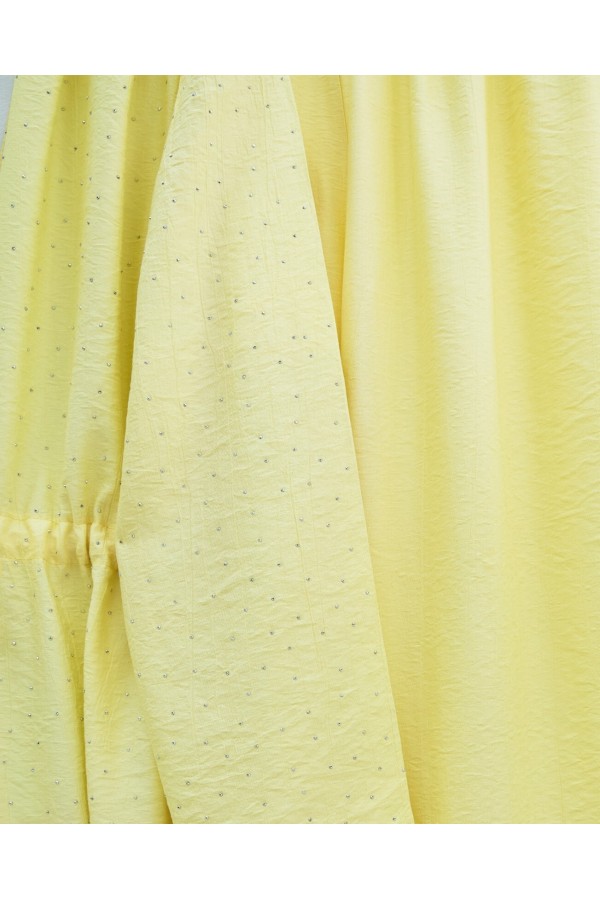 Taşlı Bol Paça Pantolonlu Tünel Bağcıklı Kimono Takım -Sarı