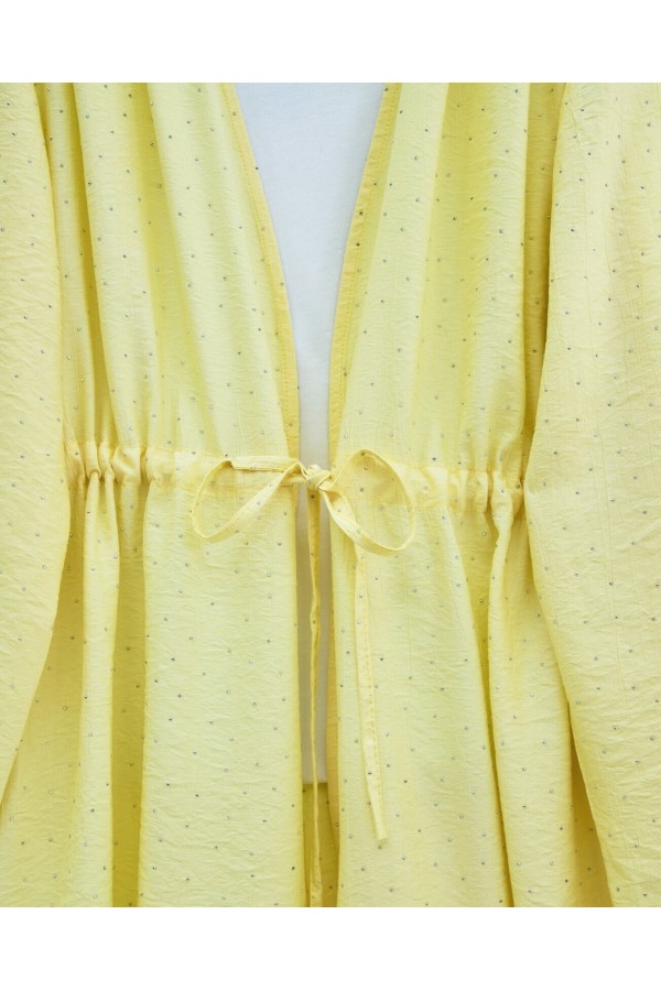 Taşlı Bol Paça Pantolonlu Tünel Bağcıklı Kimono Takım -Sarı